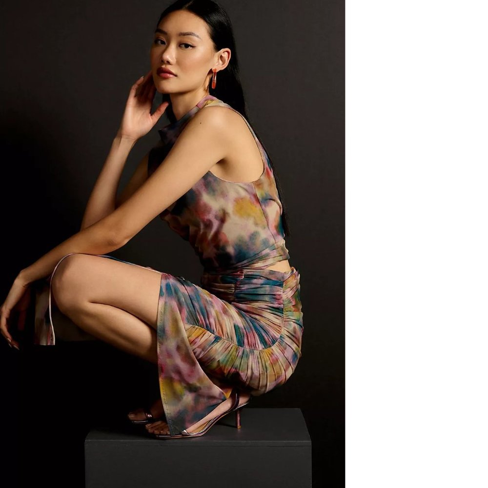 Anthropologie Watercolor Mesh Ruched Strapless ONE-PIECE DRESS - Picture 4 of 5